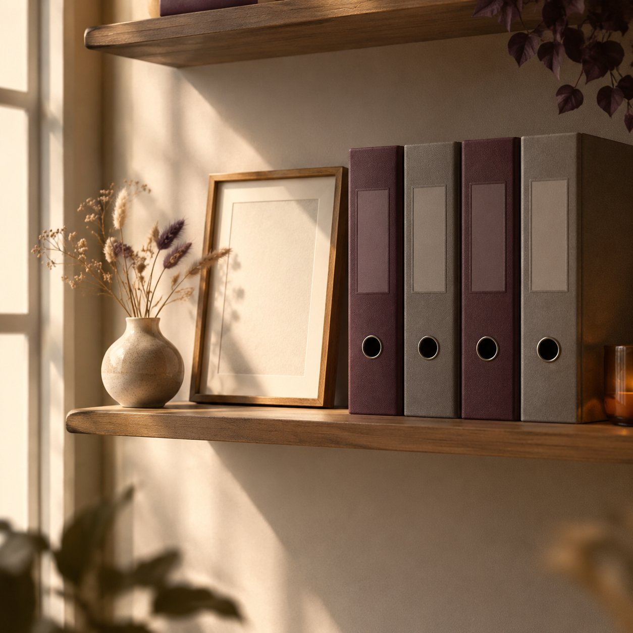 Shelves with ring binders and a small vase in natural light